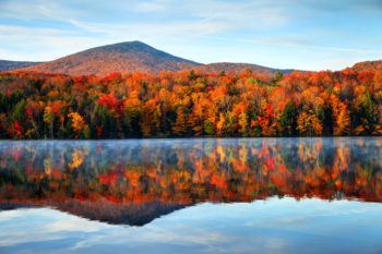 Out of reflection, absorption, and transmission of light, light is reflected in a lake surrounded by beautiful autumn trees.